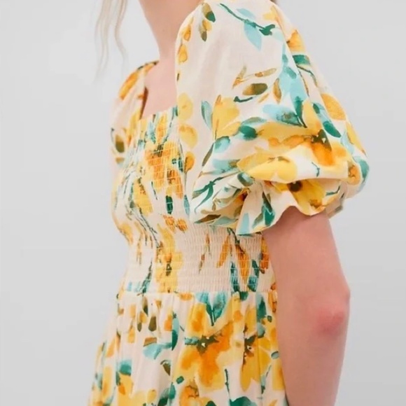 Gap Linen-Blend Puff Sleeve Midi Dress in Yellow Floral - Picture 2 of 7
